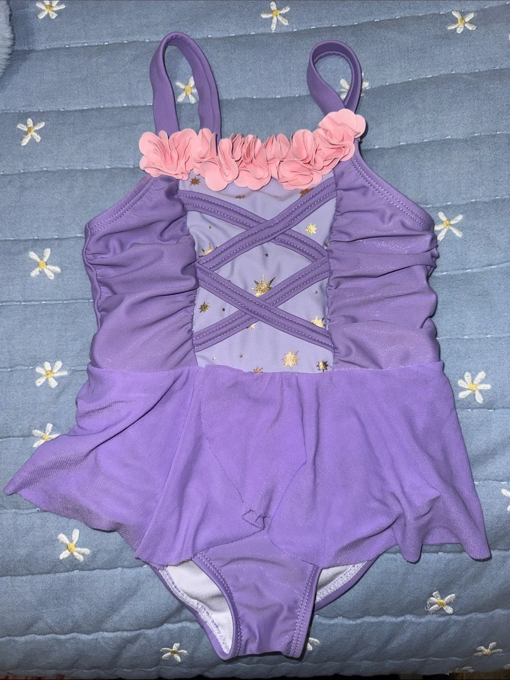 RuffleButts Rapunzel Purple One-Piece Swimsuit with Pink Floral Trim